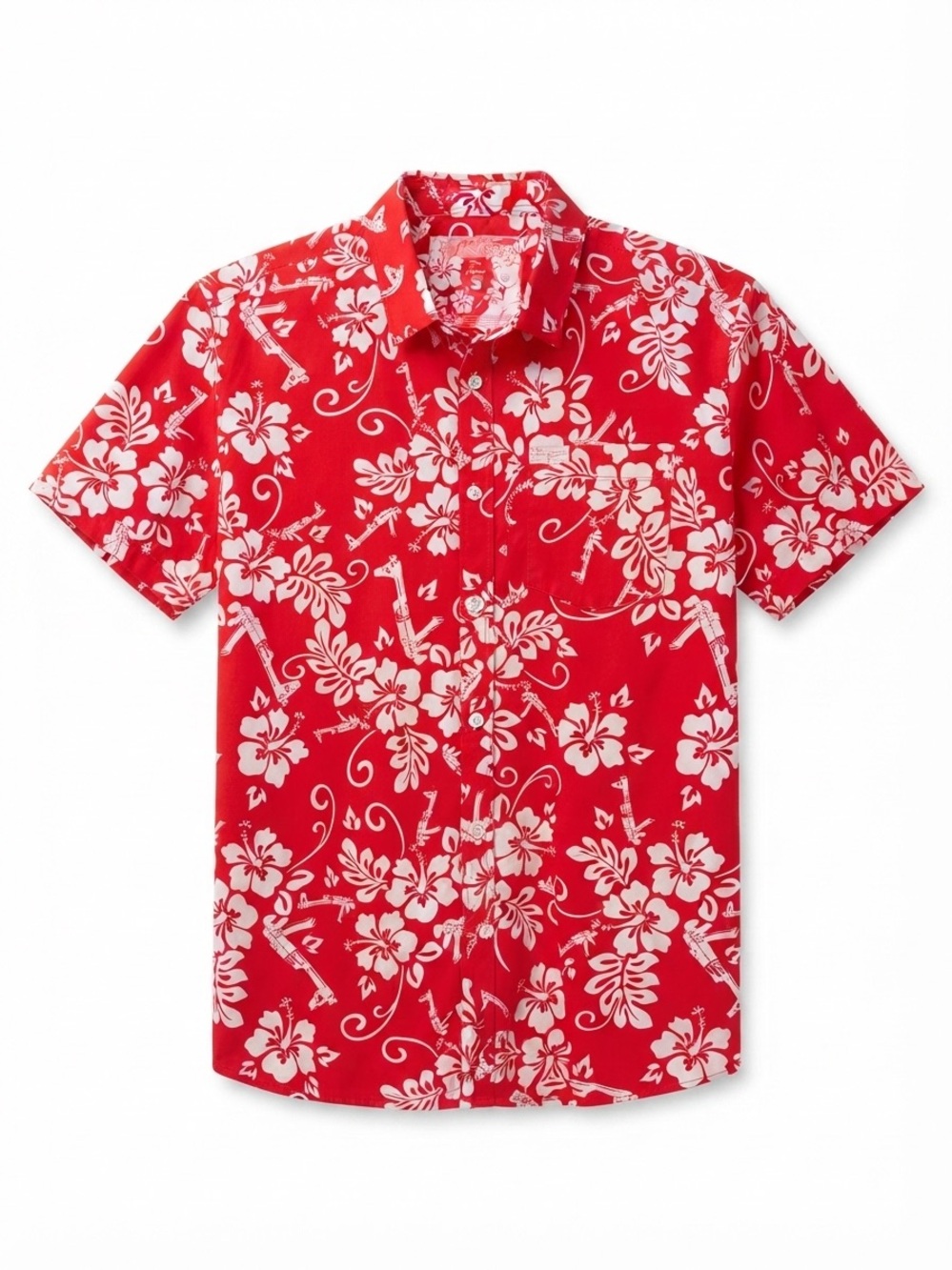 ⁠Retro Rifle The Aloha Red Hibiscus Tactical Hawaiian Button Down Shirt⁠ S